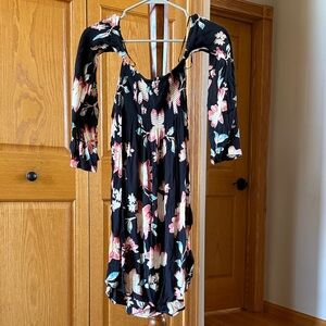 Billabong Black Floral Long-Sleeve Smocked Dress with Pink & Cream Flowers